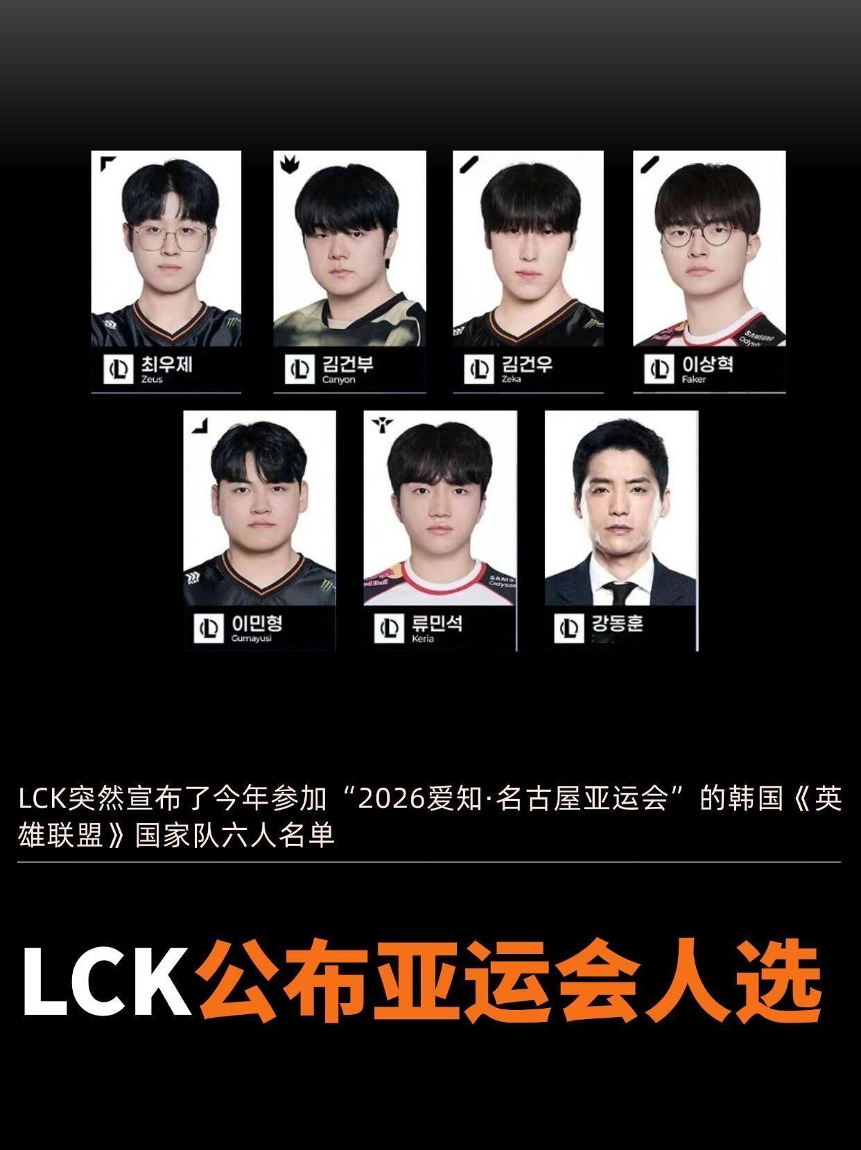 2026LCK亚运会阵容公布：• 上单：Zeus（HLE）• 打野：Canyon