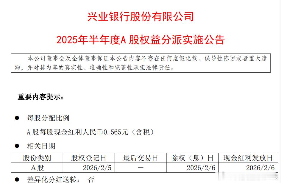 【兴业银行2025年半年度分红时间公布】兴业银行今日公布了2025年半年度分红时