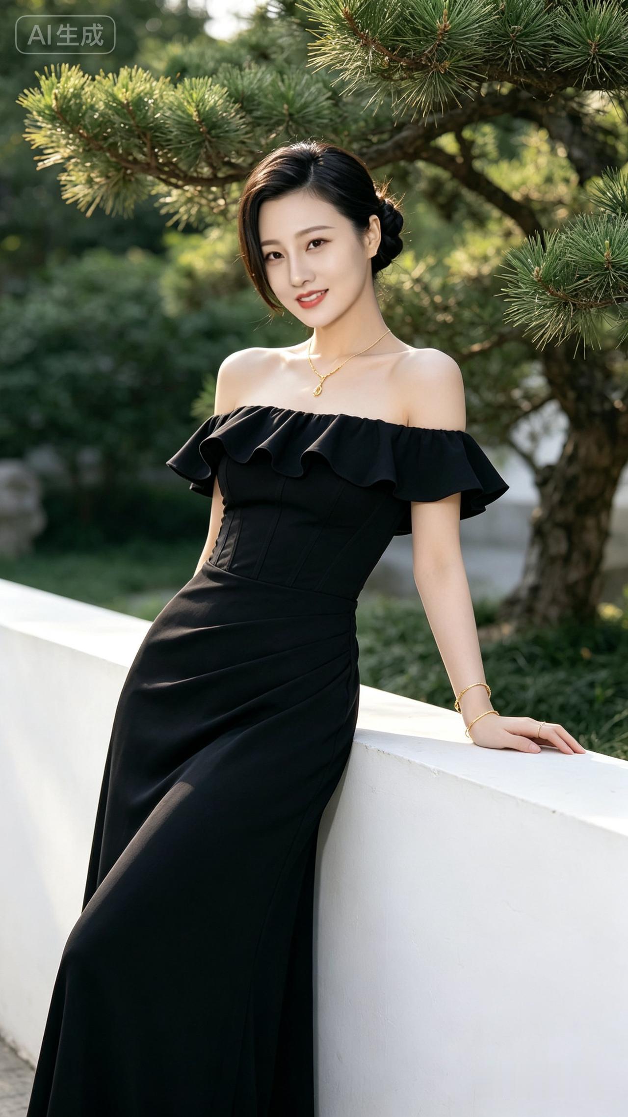 优雅黑裙，尽显女性魅力，户外自然光下更显气质。