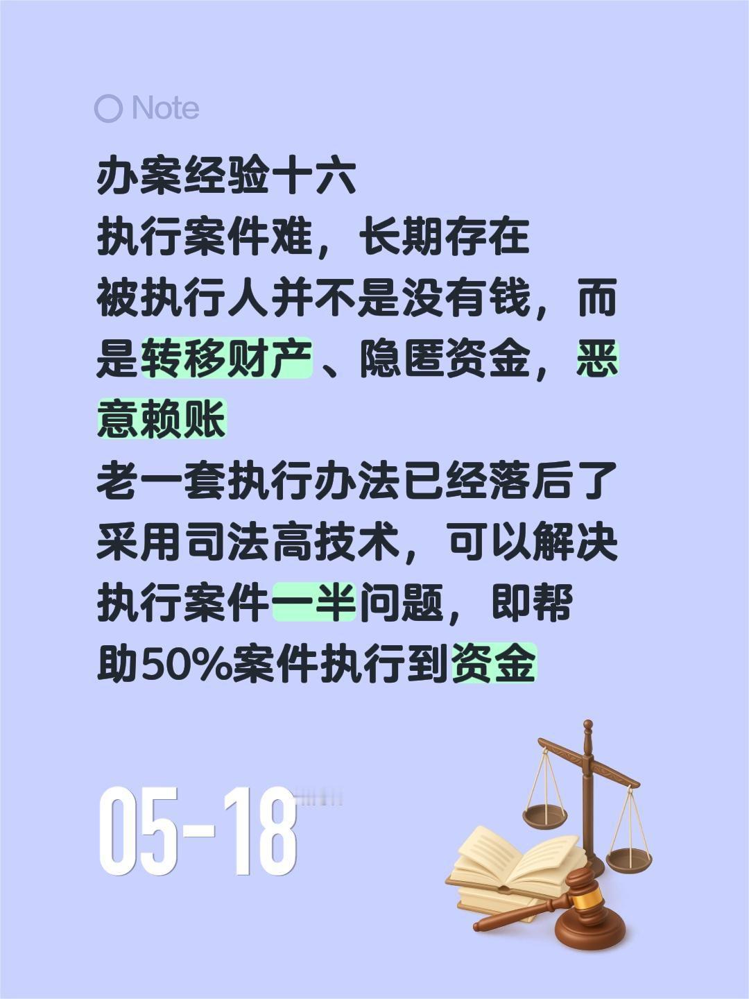 办案经验十六
执行案件难，长期存在
被执行人并不是没有钱，而是转移财产、隐匿资金