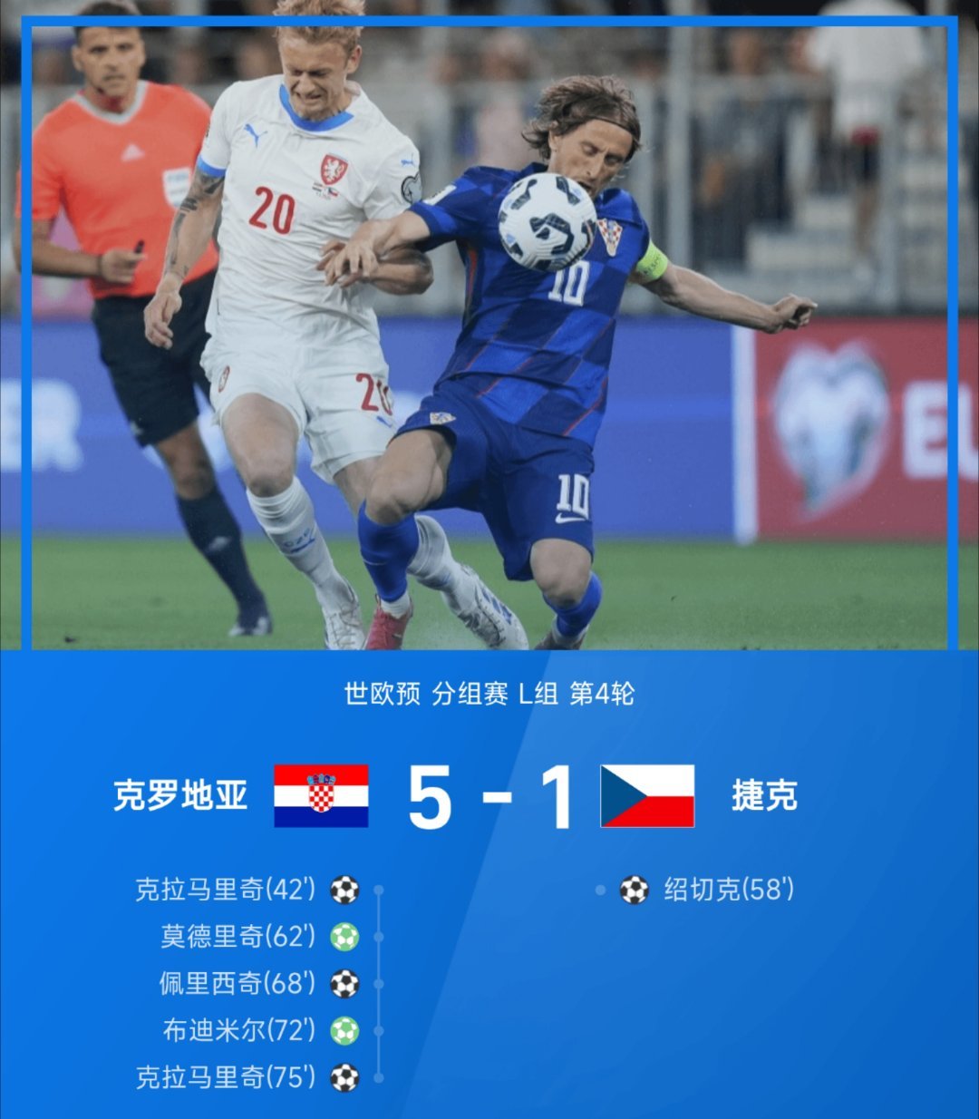 北京时间6月10日，世界杯欧洲区预选赛第一阶段小组赛第4轮，克罗地亚与捷克展开较
