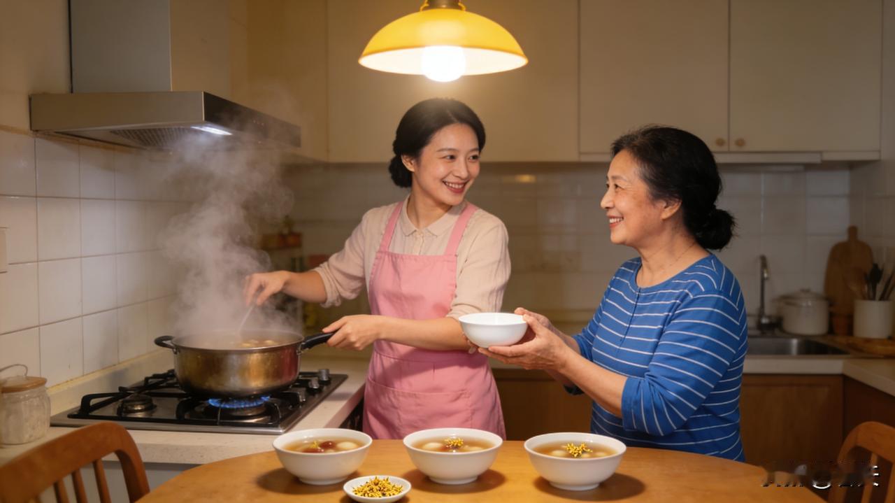 燕姐儿围灶煮甜汤，眉眼带笑递碗给邻家婶子，家常闲话暖透寒夜，善意最抚人心。