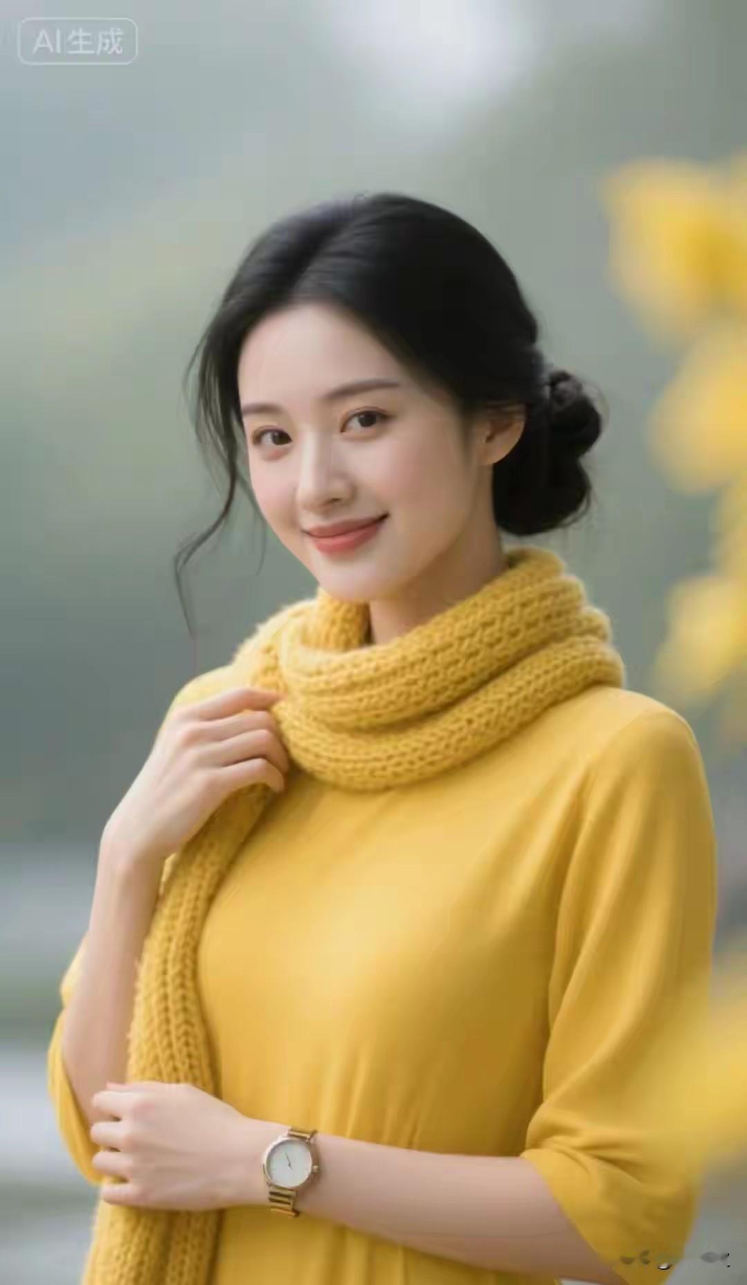 花容月貌，梨花带雨
百媚千娇，粉妆玉琢
天生丽质，国色天香
黄连衣裙，黄色围巾