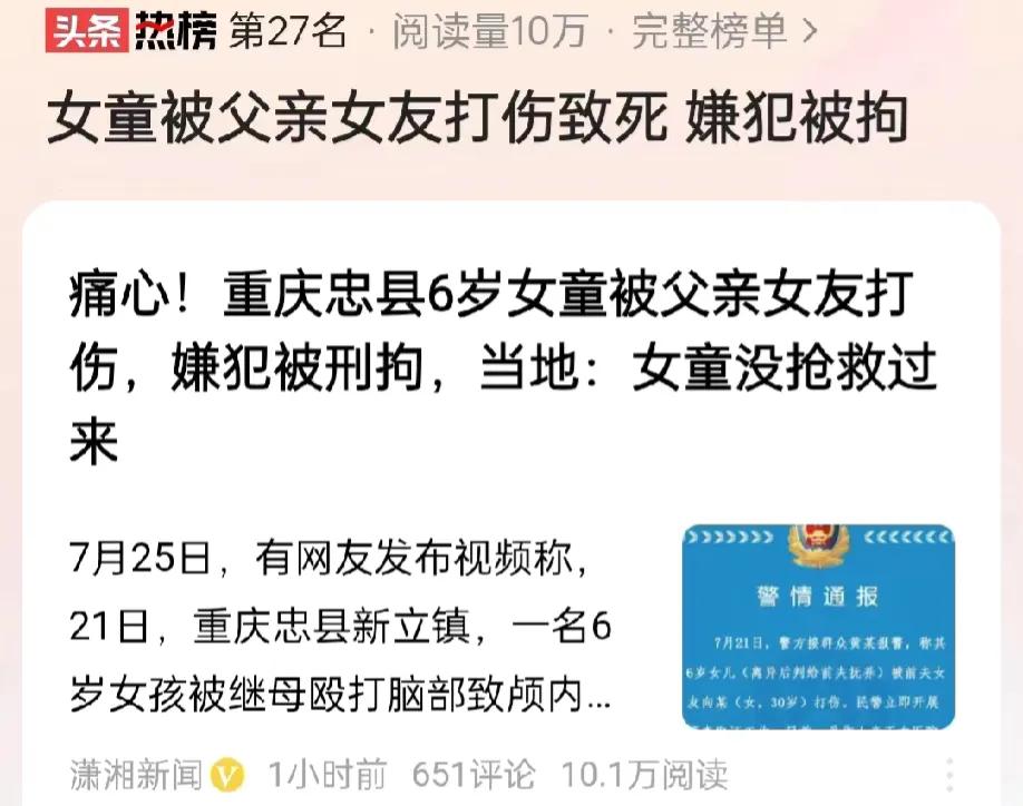 重庆忠县，一名6岁的女童被父亲的女友殴打致死。这名女子因为涉嫌故意伤害罪被刑事拘
