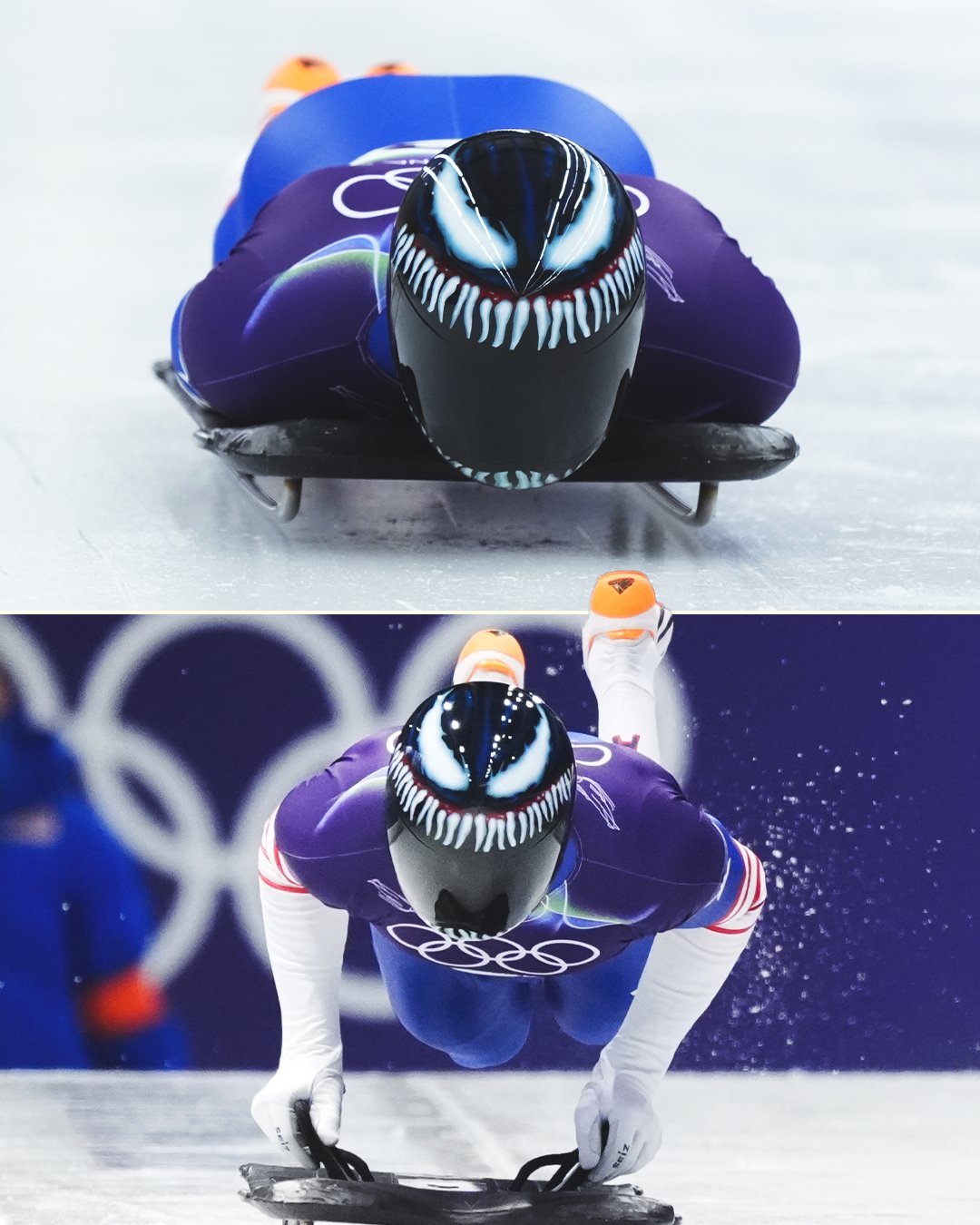 米兰冬奥会男子钢架雪车项目，美国选手奥斯汀·弗洛里安佩戴的「毒液头盔」走红，好酷