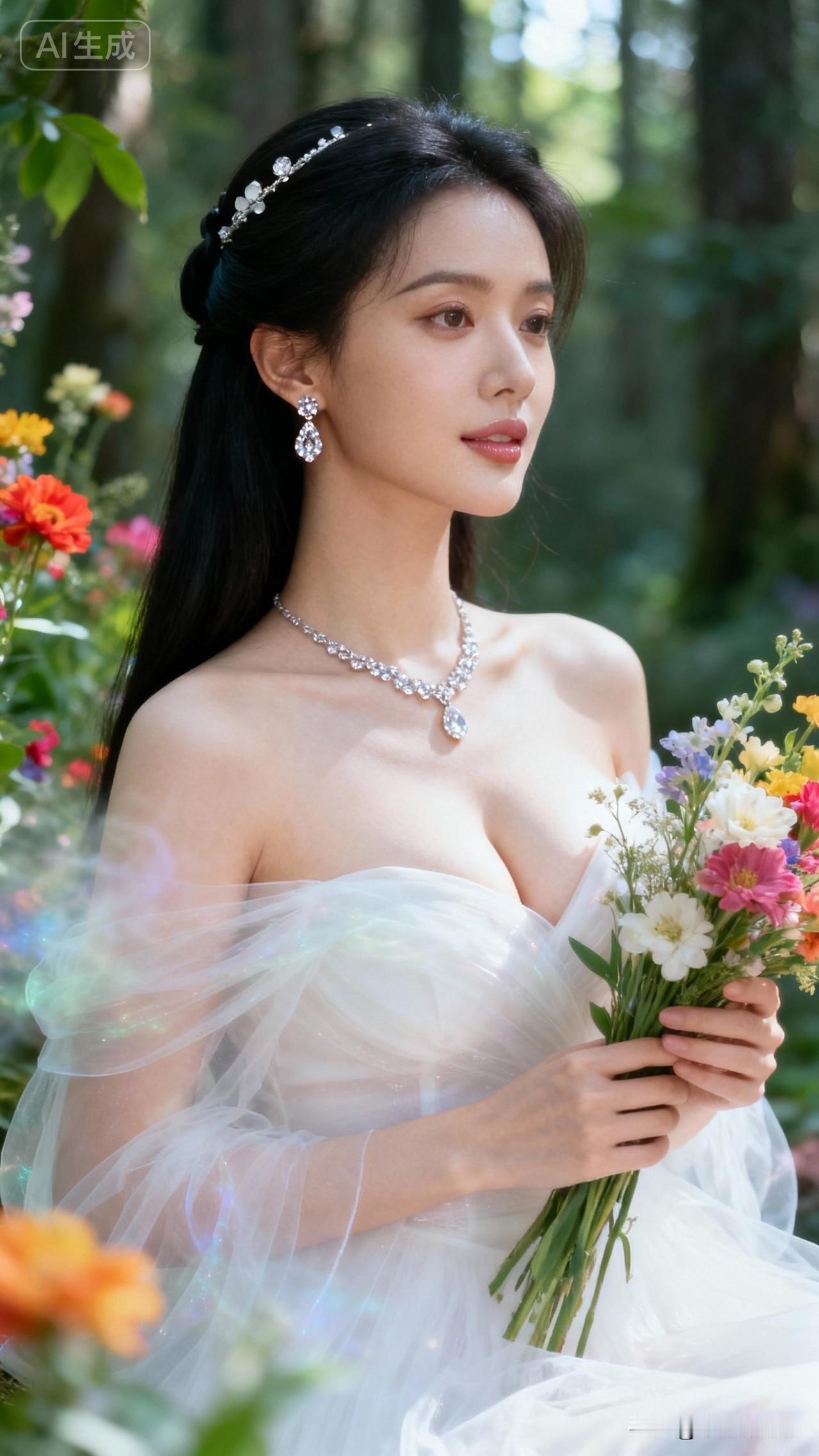 一位美女在花丛中手捧鲜花，优雅动人。