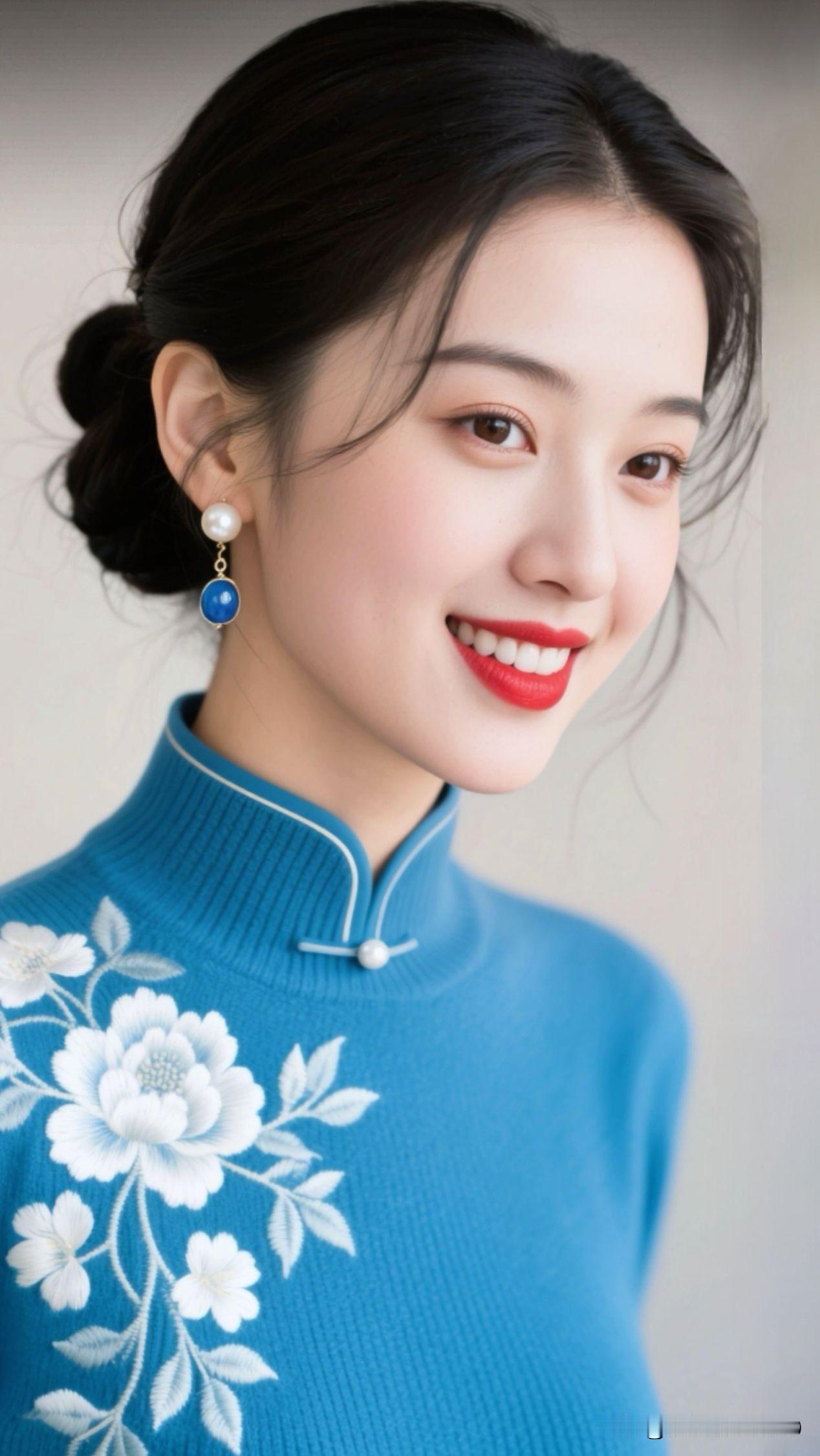 🌸 青蓝毛衣盛着水乡的梦，白绣是裁下的云，蓝珠是凝住的波，她立在那里，就是江南