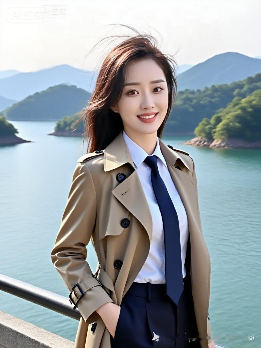 年轻明星美女身姿优雅，胸型饱满，浅笑凝眸。身着高档轻薄风衣、修身衬衫与领带西裤，