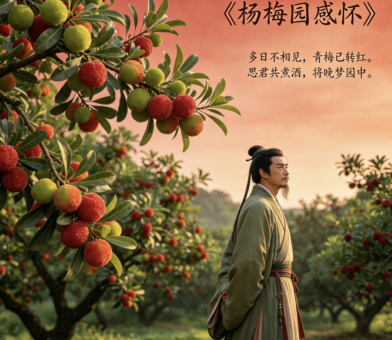 《杨梅园感怀》
多日不相见，
青梅已转红。
思君共煮酒，
将晚梦园中。