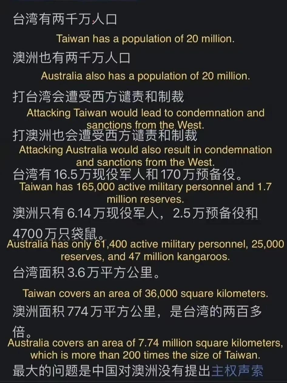 拿下澳洲很简单，某有一计！

网友说打湾湾不如打澳洲，兵法讲上善伐谋，为什么要打