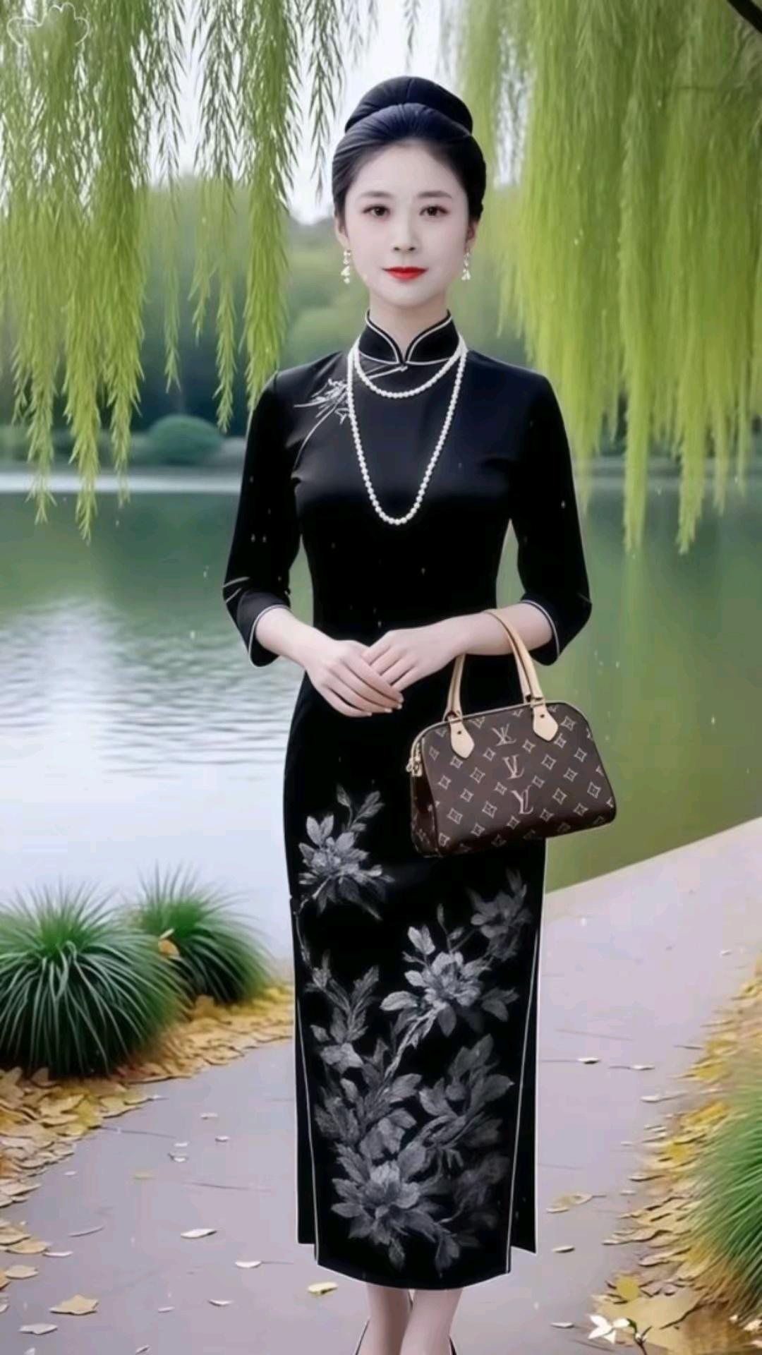 柳湖旗袍佳人
垂柳丝丝抚碧塘，佳人静静立堤旁。
墨纹旗袍彰风雅，珠链垂肩映素妆。
