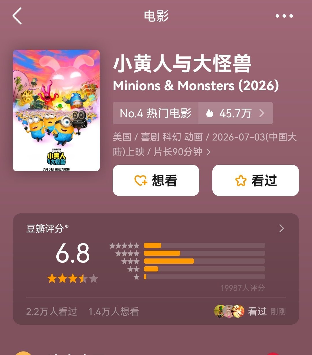 《小黄人与大怪兽》开分6.8，符合我的预期，是小黄人系列开分最低的一部 