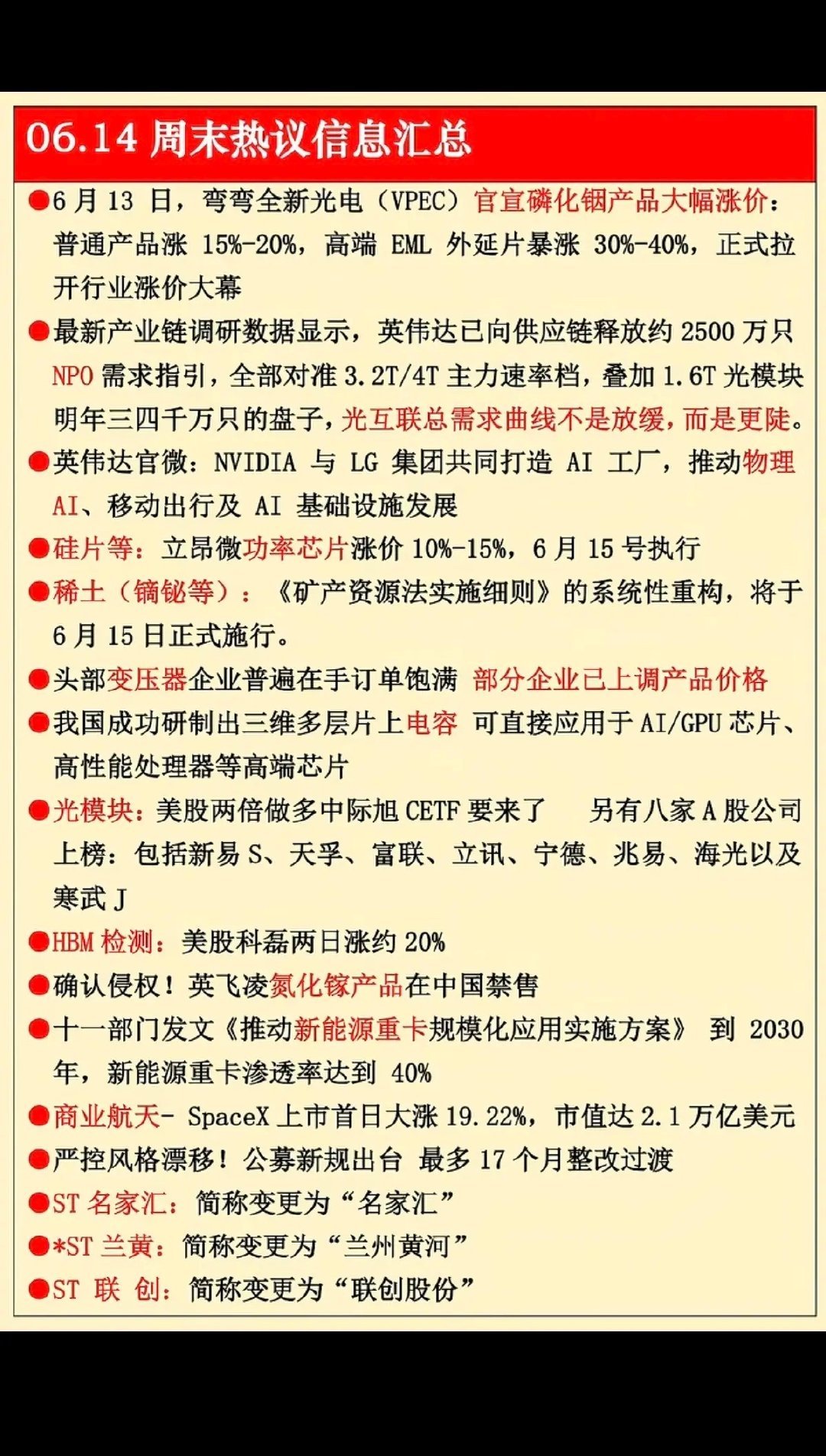 6.15周一 财经热点信息汇总！1.磷化铟产品涨价2.光互联3.物理AI4.变压