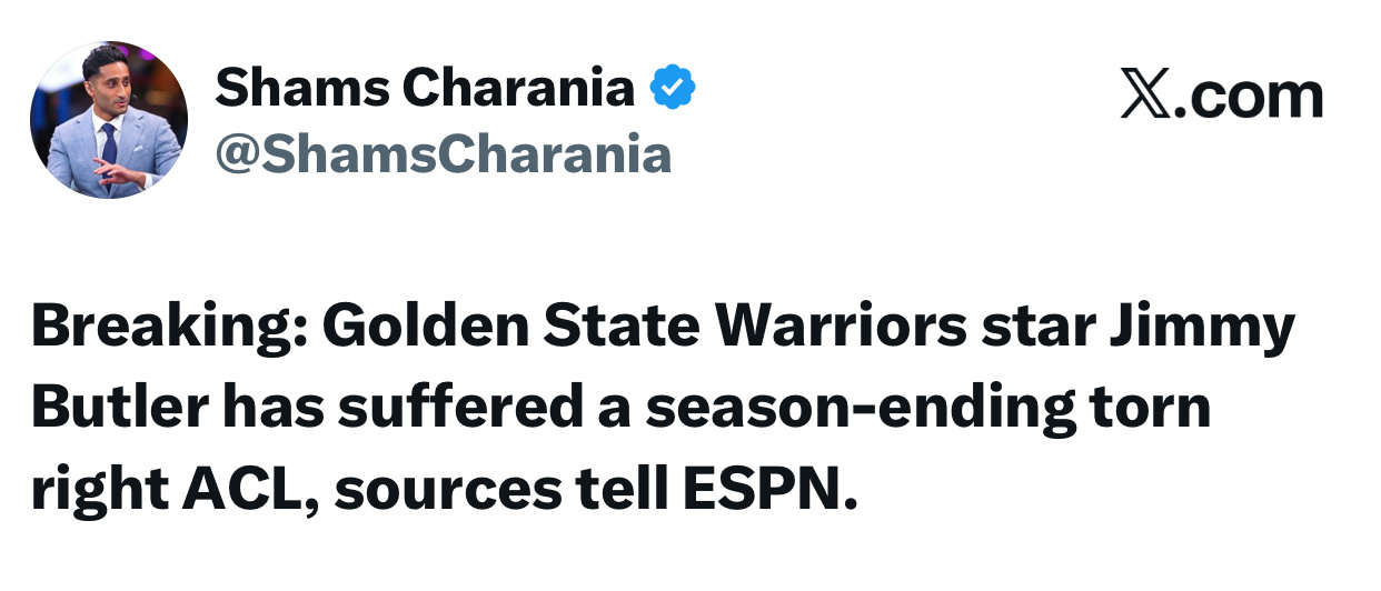 shams：据 ESPN 消息人士透露，金州勇士队球星吉米巴特勒右膝前交叉韧带撕