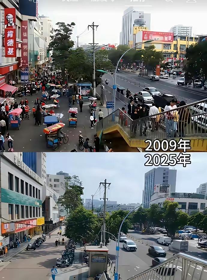 这两张国内的对比图，我个人觉得是假的。
一是电线杆。从这张图看，有天桥的城市至少