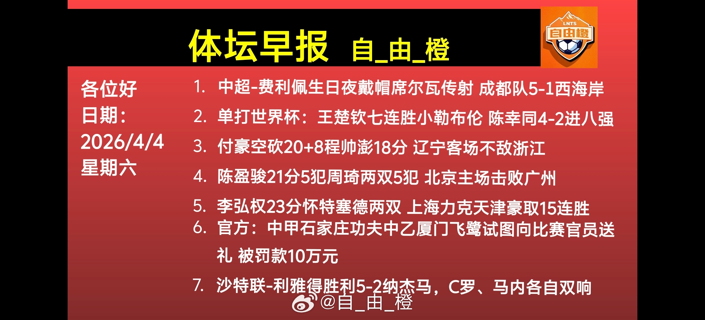 自由橙体坛早晚报每日橙语 假期快乐呀 