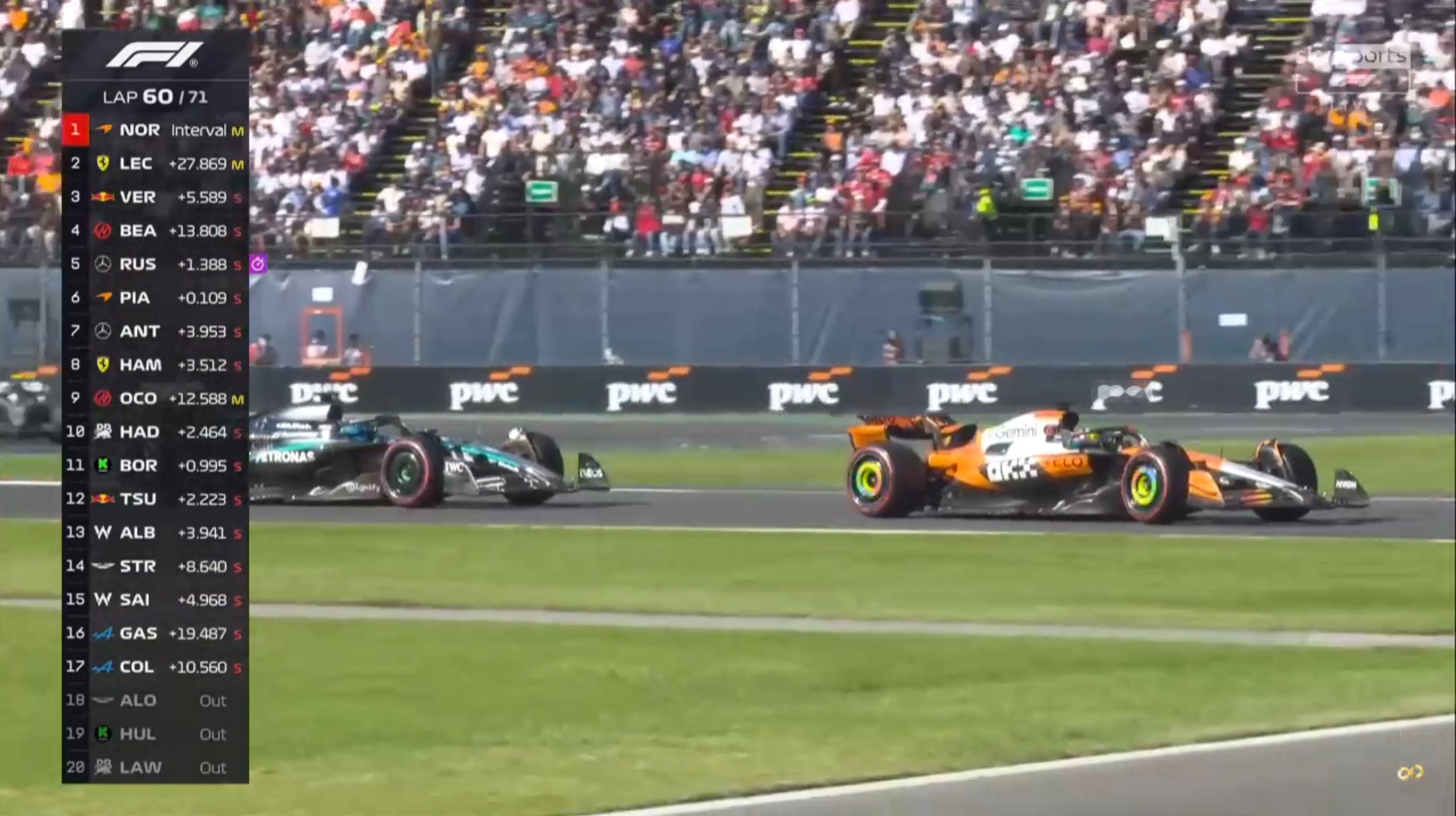 皮亚斯特里超越拉塞尔来到P5，距离前面的贝尔曼目前还有2.5秒如果皮亚斯特里能够