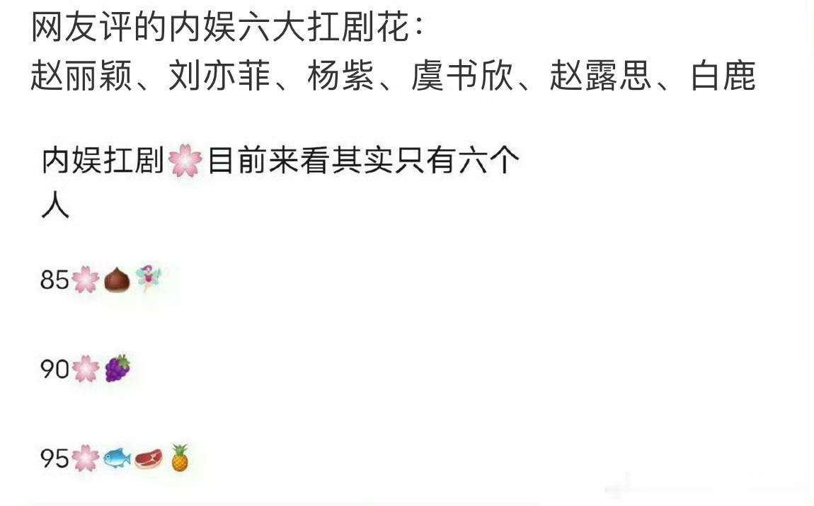 网友评的内娱六大扛剧🌸:赵丽颖、刘亦菲、杨紫、虞书欣、赵露思、白鹿。 