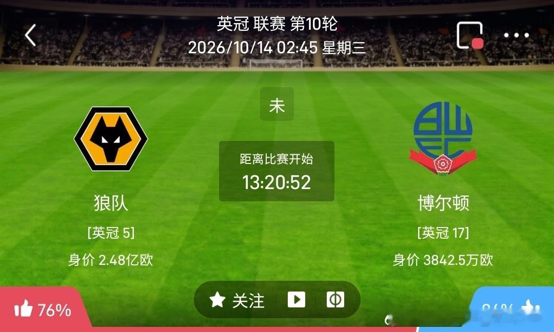 狼队 vs 博尔顿1️⃣狼队（英冠5）✅利好：主场作战，全队身价2.48亿欧优势