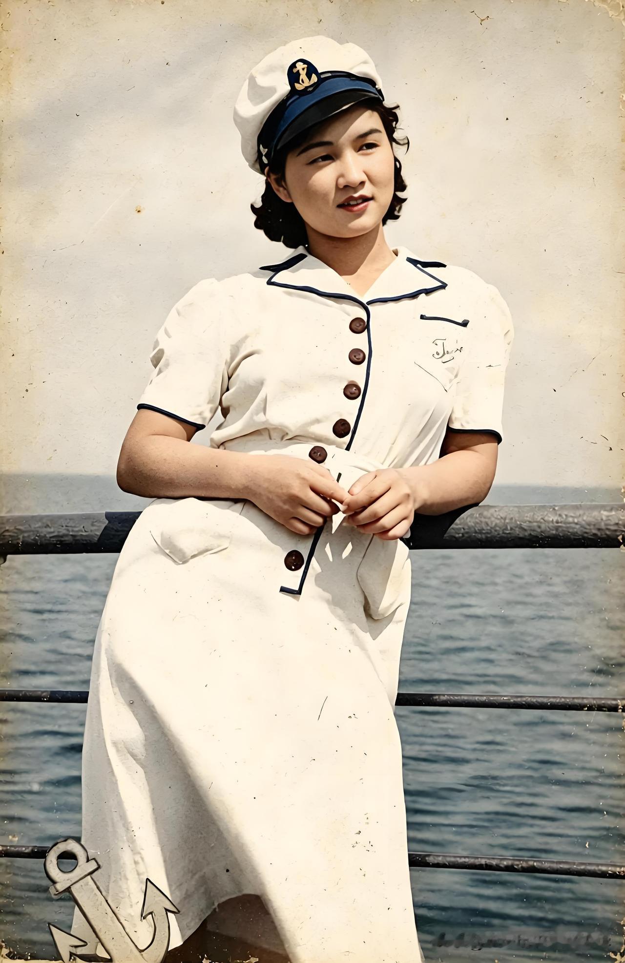 罕见上色老照片！民国甲板上的海军女子
40年代末50年代初，一名美丽的姑娘站在远