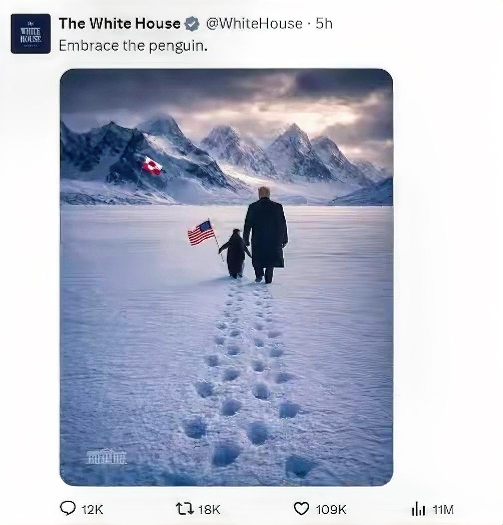 白宫这波操作真是让人笑掉大牙。为了给“夺取格陵兰岛”造势，竟发了张特朗普牵手举着