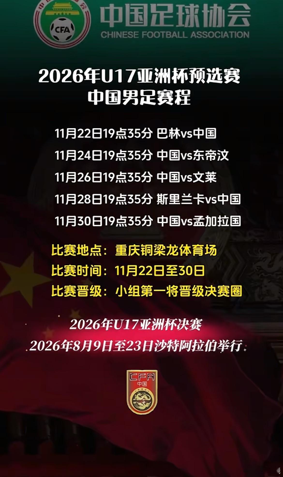 U17亚洲杯预选赛第一场基本生死关键战，后面虽然两天一赛，但问题不大. 