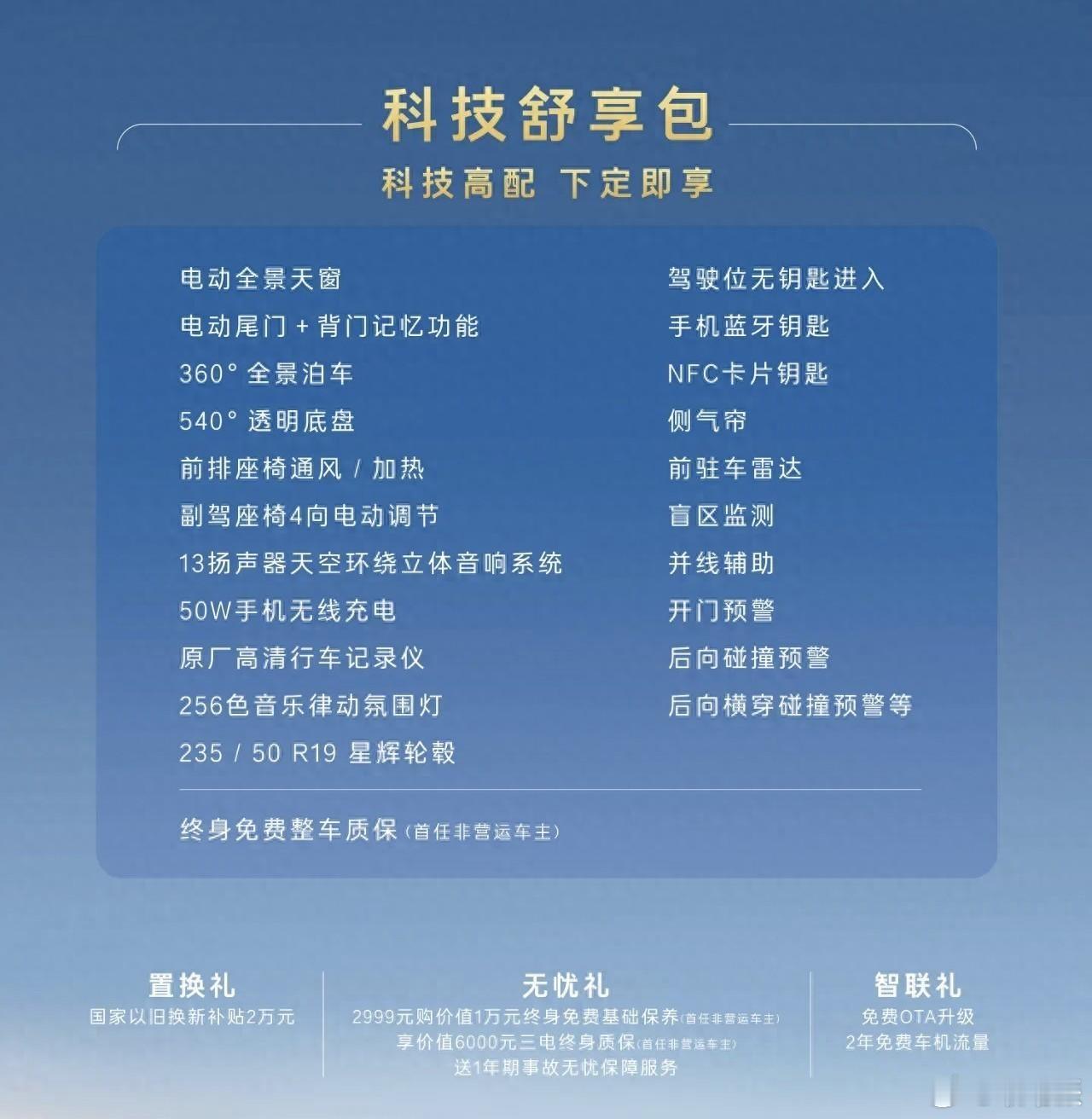 #赛力斯蓝电E5PLUS# “科技舒享包”推出，针对中配车型，内含全景天窗、电动