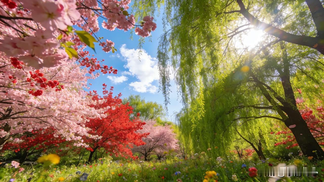 上联:花红柳绿春多彩，
下联:月朗星稀夜静幽。
这幅对联以春、夜两景对比，绘春日