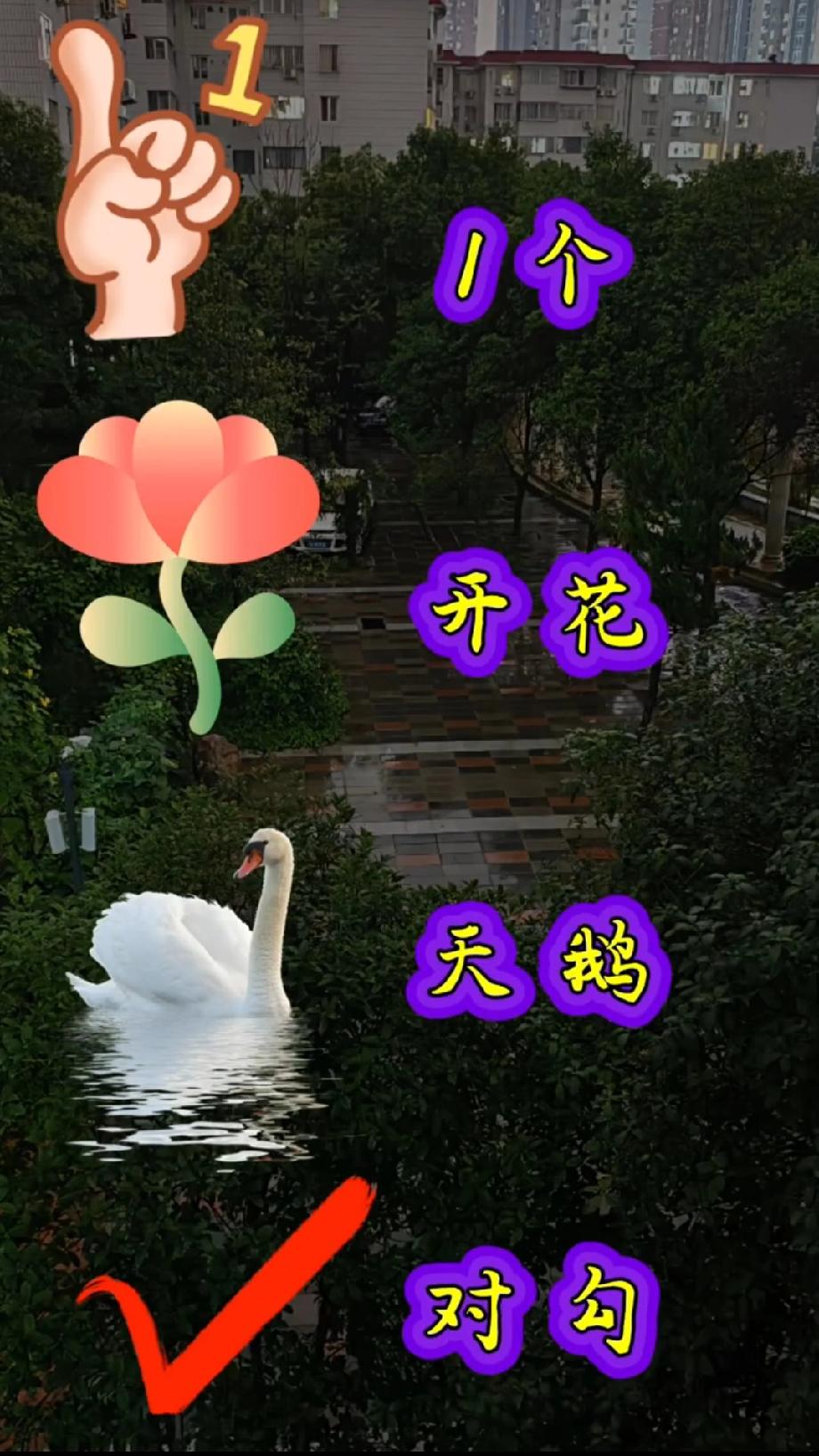 这组合太离谱！1个、开花、天鹅、对勾凑一起，能是啥词？我想了5分钟没头绪，你知道