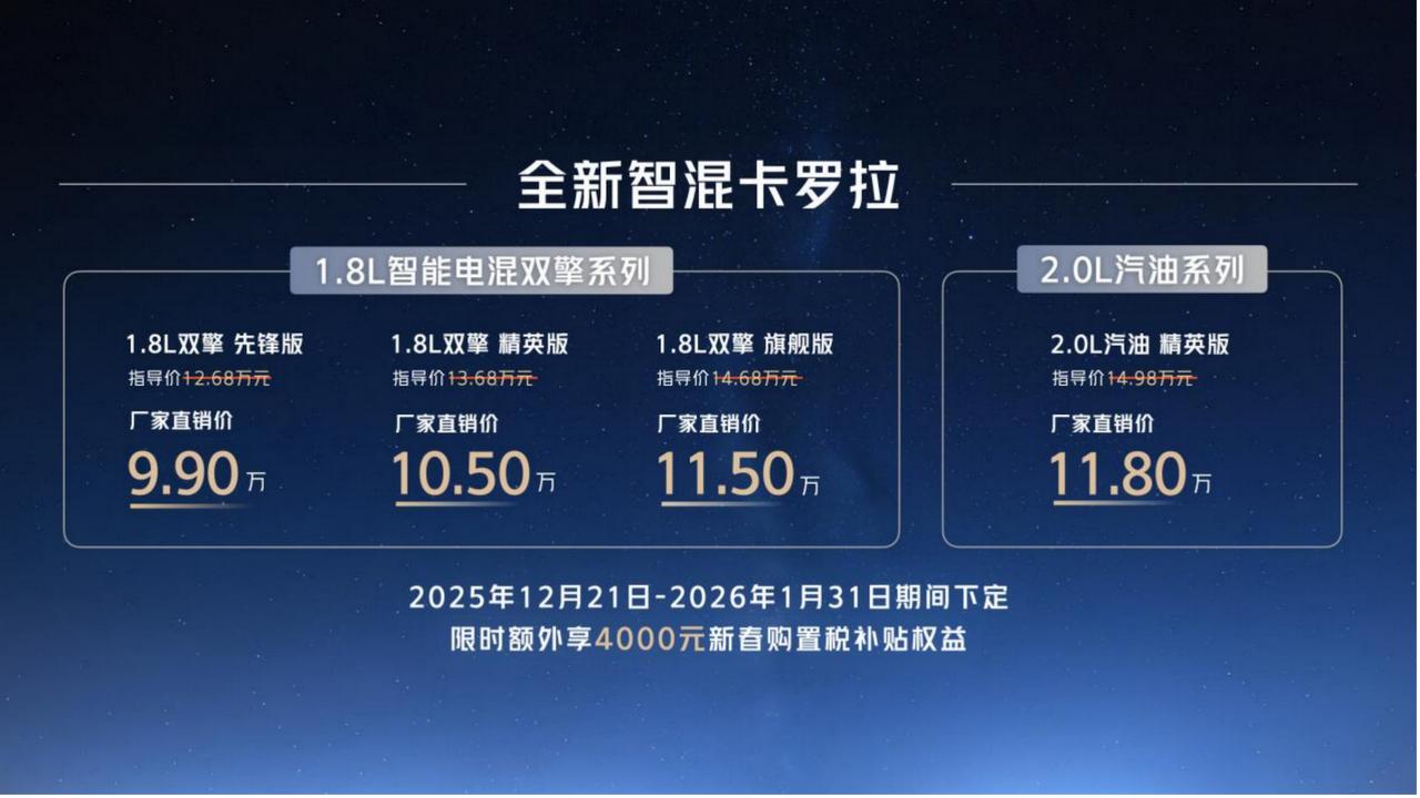 12月21日，“全球好品质 中国新家轿”全新智混卡罗拉焕新上市，共推出4个版本，