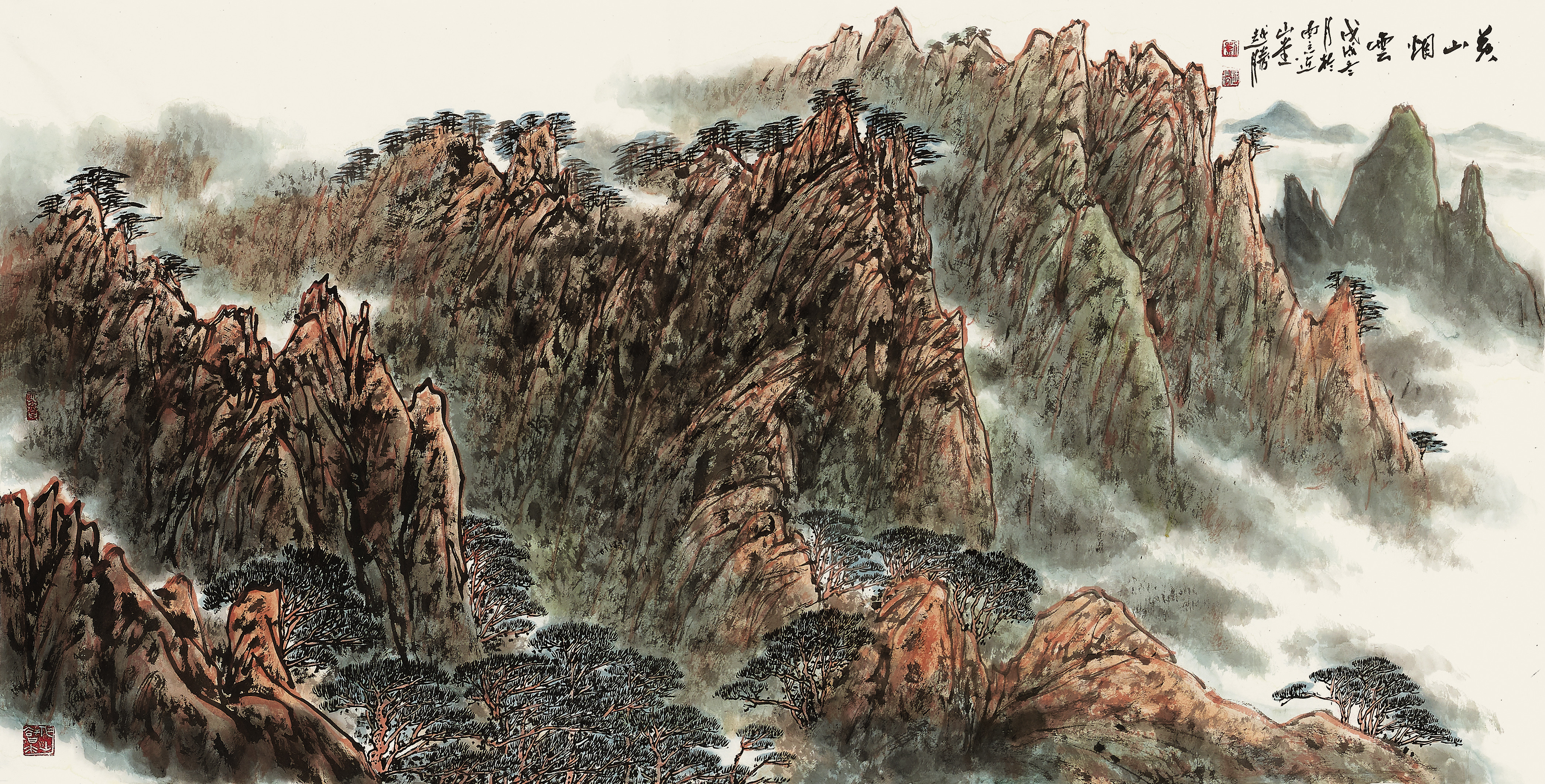 《丹青水墨，梦回徽州烟雨》赭石与花青的淡彩渲染，赋予了这幅山水独特的徽派韵味。暖