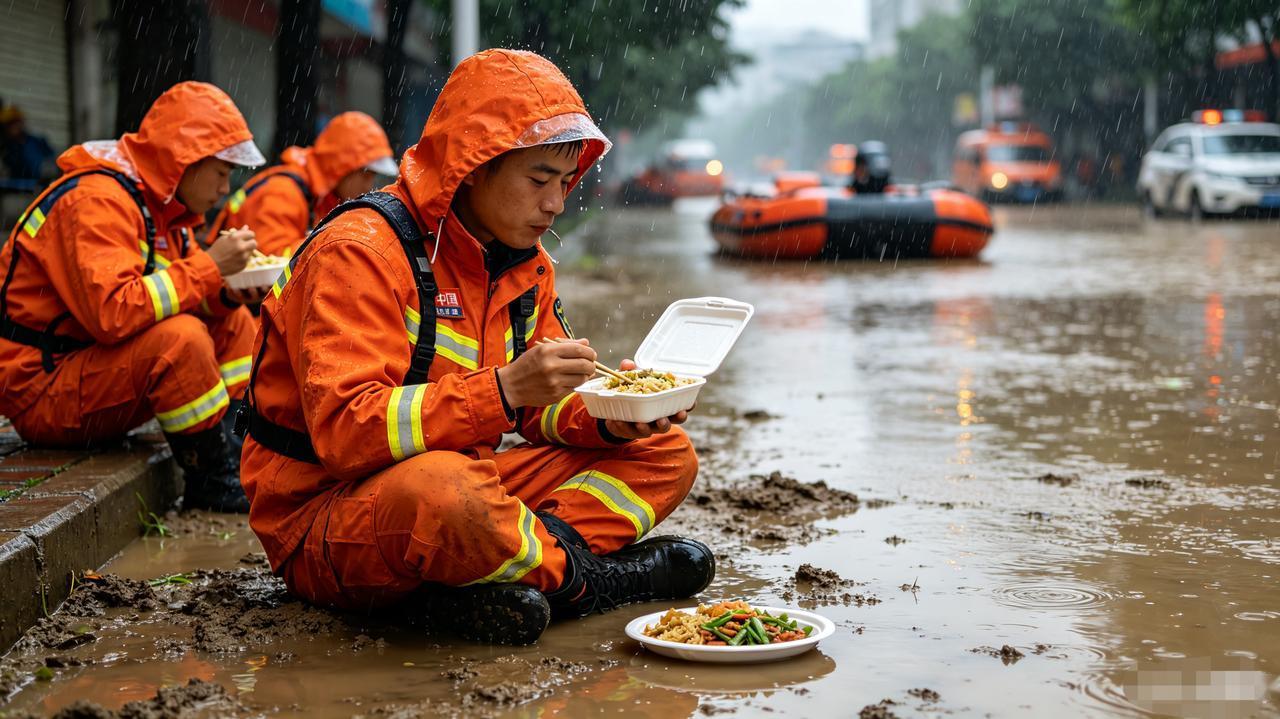 泪目了，消防战士盘腿坐在地上吃饭，老天爷偏在这个时候又开始肆虐，雨又哗啦啦地下了