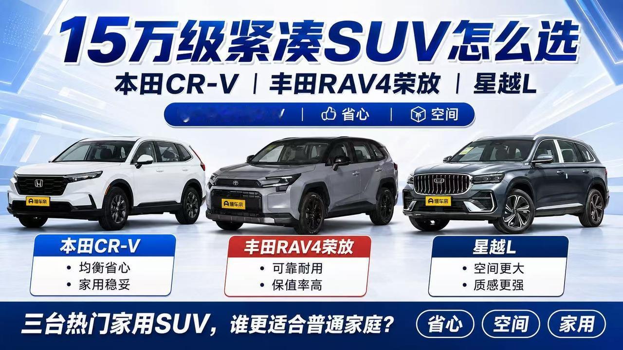15万级紧凑型SUV怎么选？本田CR-V、RAV4荣放、星越L谁更适合家庭？
 