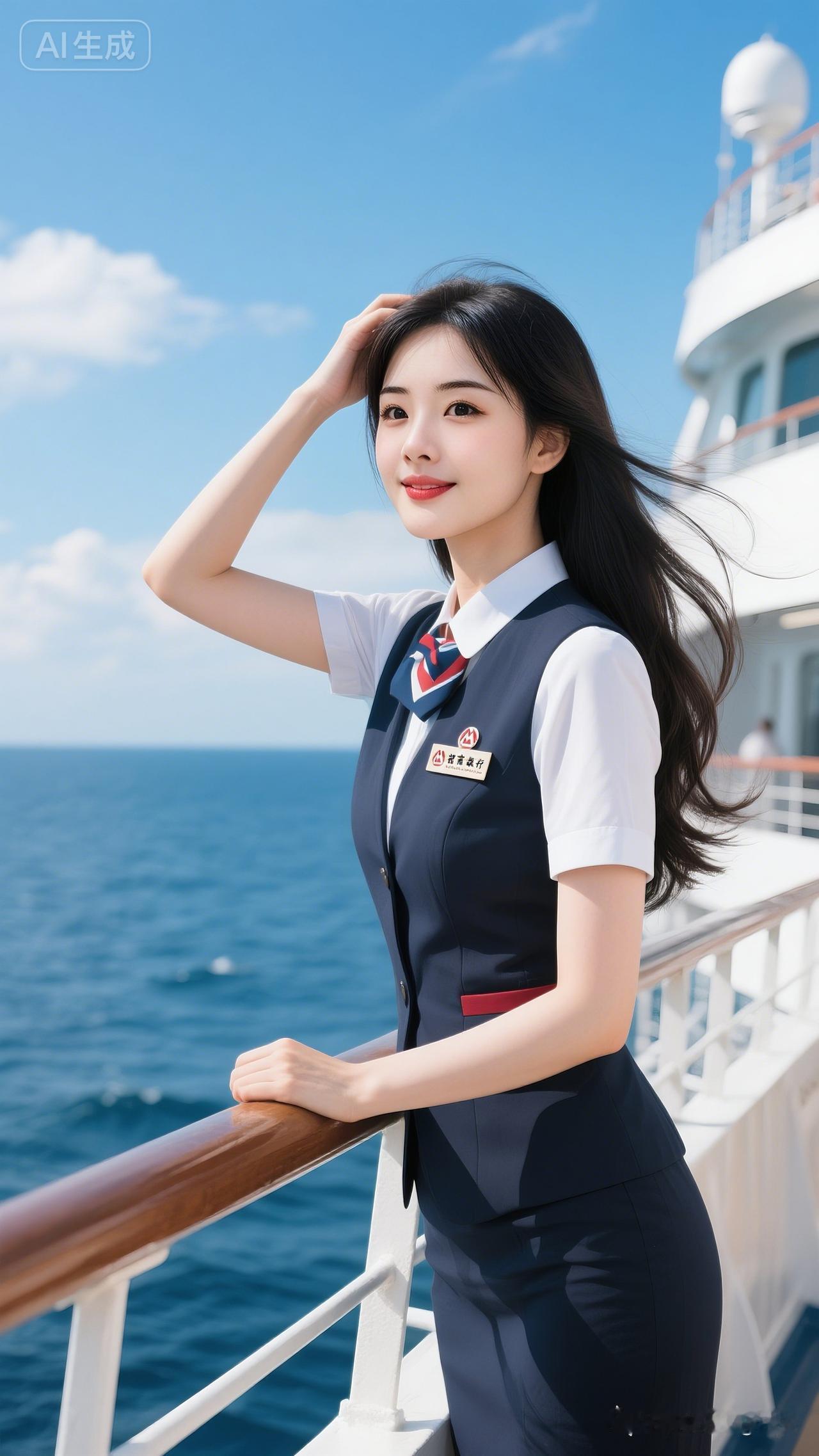 蓝天白云碧海辽阔，李倩身着招商银行制服，长发飘逸，大眼双眼皮含浅笑，端庄大方、妆