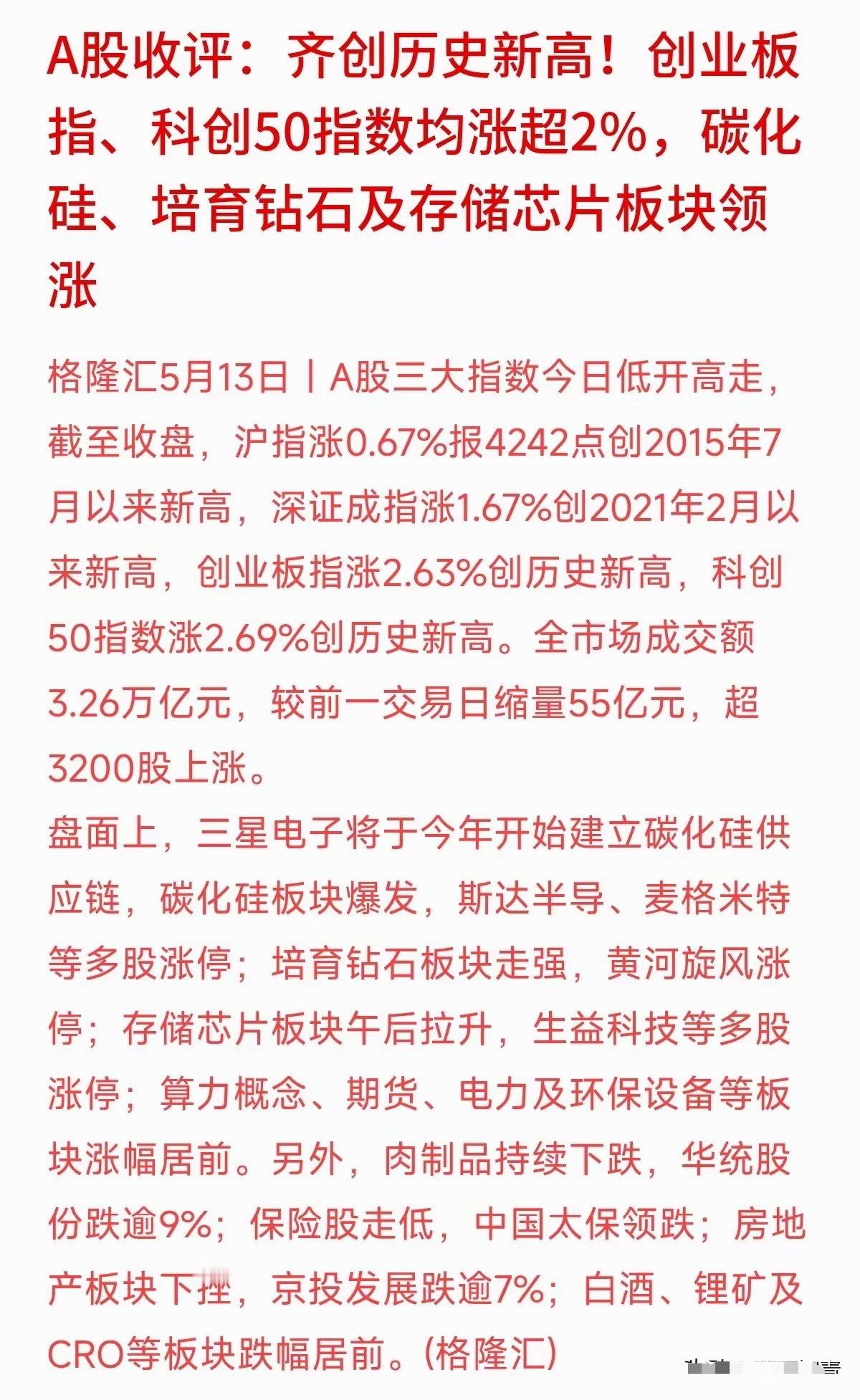 A股 A股收盘：今天大A这盘面，绝对见证历史了！科创50和创业板双双捅破天花板创