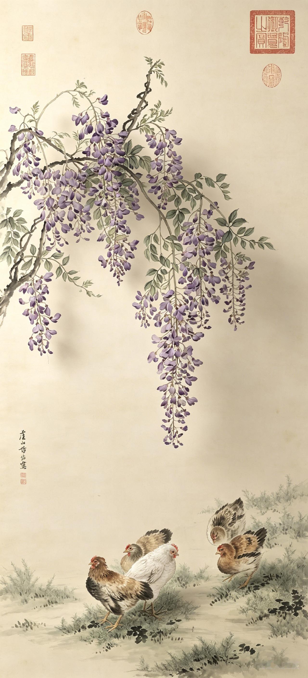 清 许佑《藤花乳鸡图》（AI复原图）

这幅《藤花乳鸡图》，以柔婉紫藤写春日，用