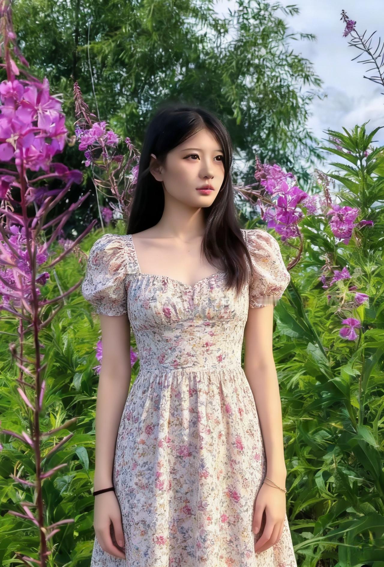 碎花罗裙映紫霞，亭亭立处胜桃花。
香风拂袖浑不觉，目断春山数暮鸦。