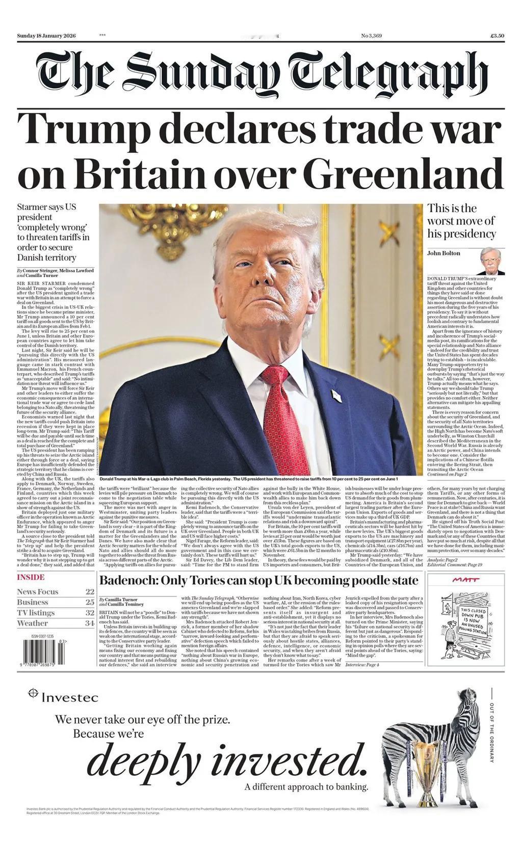 美国总统特朗普及其即将爆发的格陵兰贸易战也登上了《星期日电讯报》的头版。
美国联