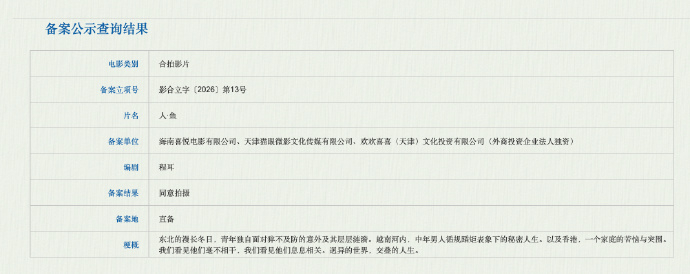 王一博新电影人鱼立项 据国家电影局关于2026年5月下全国电影剧本（梗概）备案、