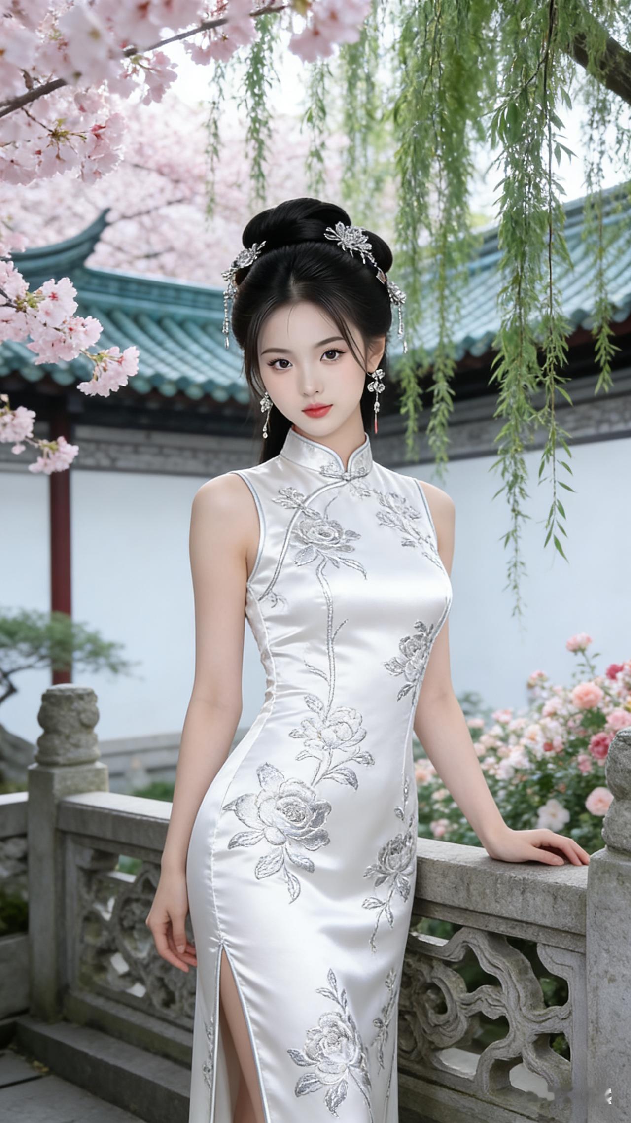 俏美女子冷白皮，丹凤眼配樱桃红唇，黑发古风盘发缀满银饰。身着月白银线牡丹刺绣修身