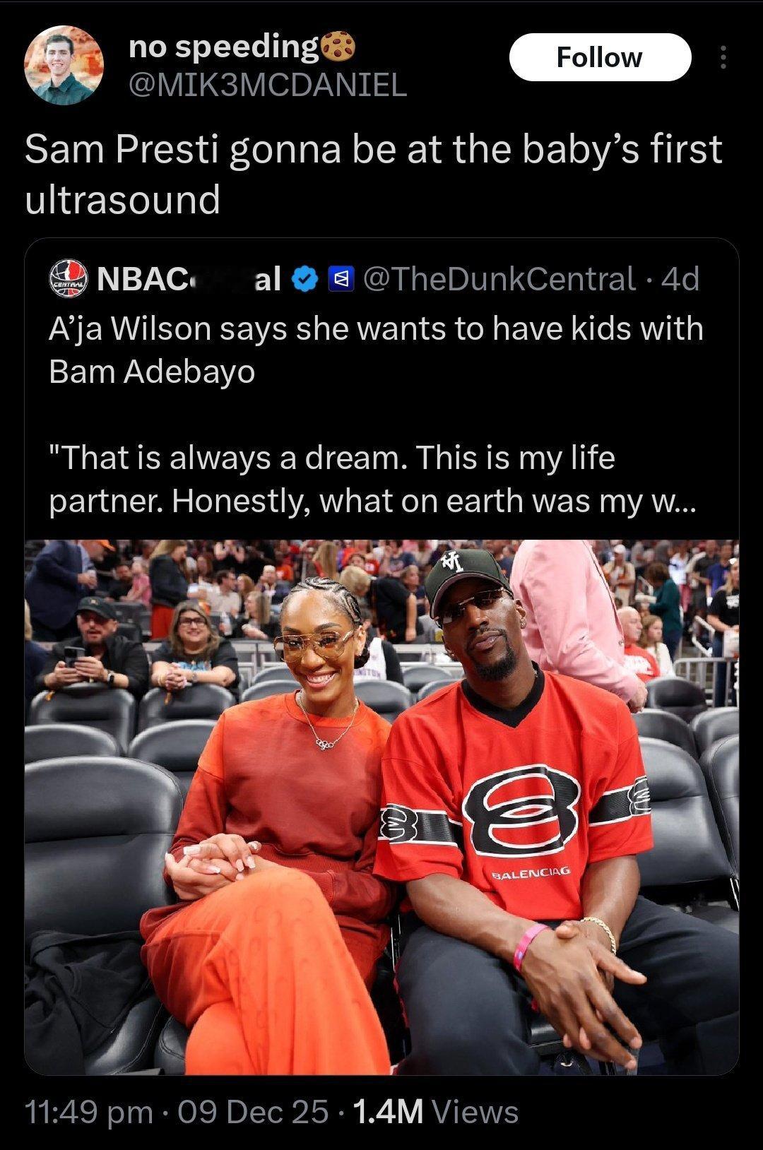 亚历山大今天被问到最近外网很火的一个梗：普雷斯蒂是否会陪同阿德巴约和WNBA巨星