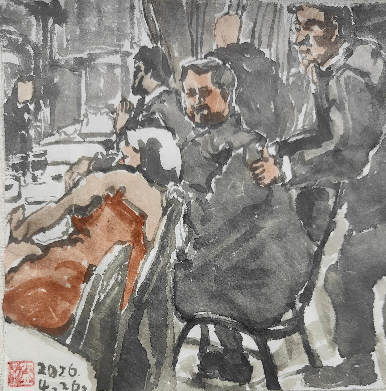 碗子的纸片水墨《白宫记者协会晚宴枪声系列之万斯被特工一把拽走了》