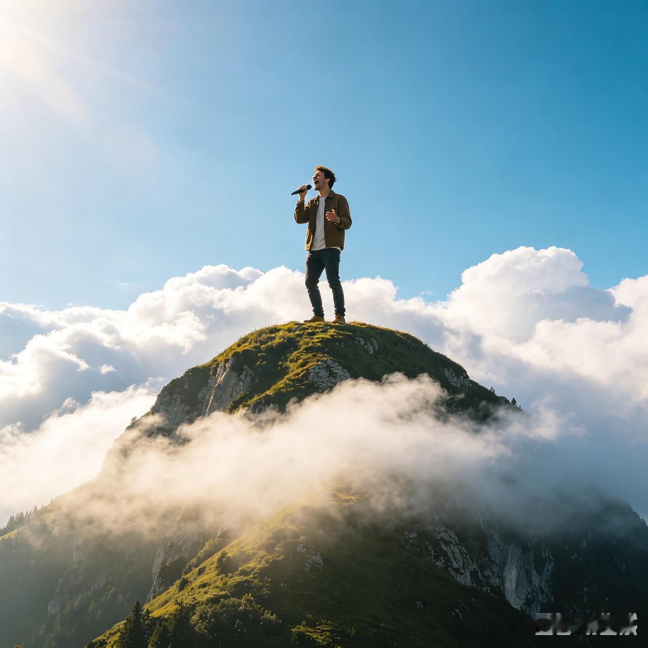 白雲绕飞半山腰，
蓝天在上挑云雾，
险峰之上我高歌，
如登仙景观雲海。
