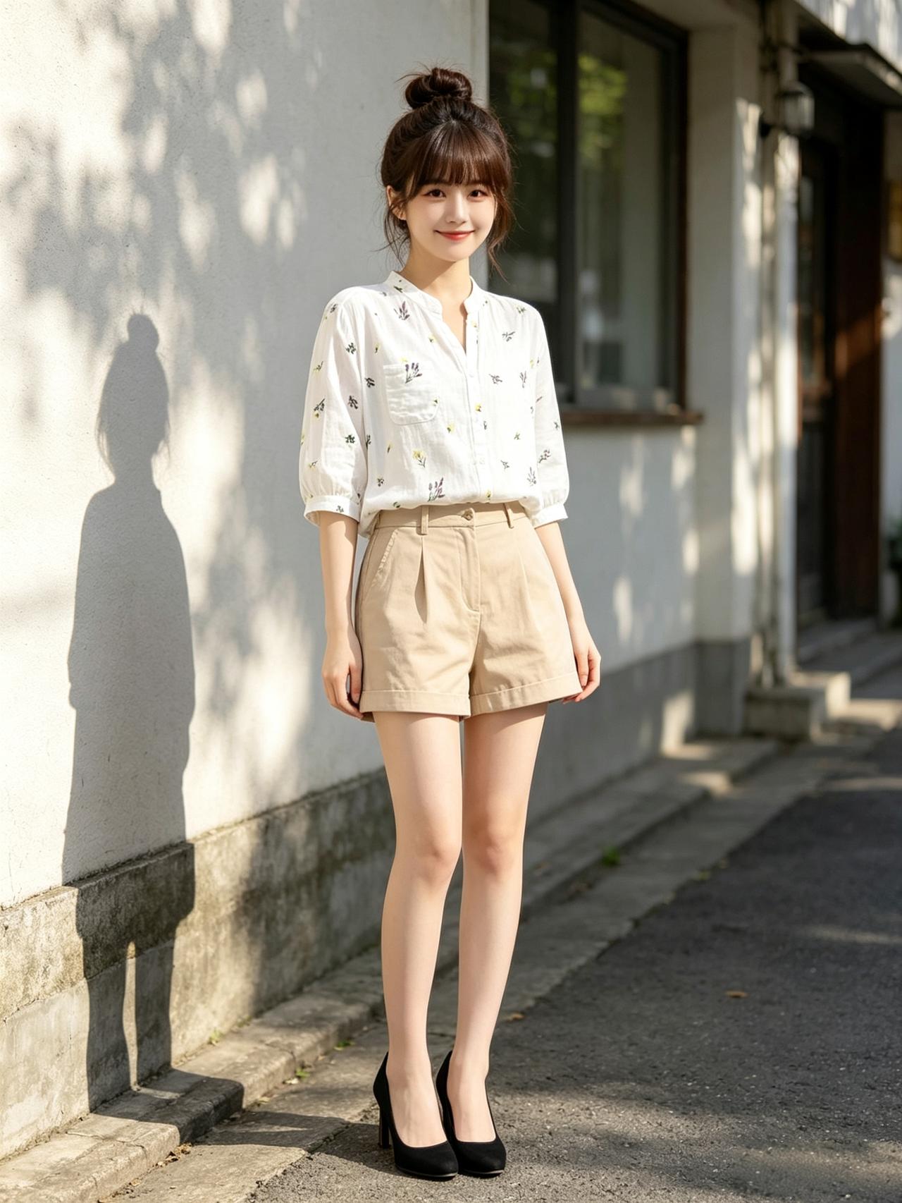 夏日清新穿搭，白色衬衫+卡其短裤，搭配黑色高跟鞋，简约又时尚！