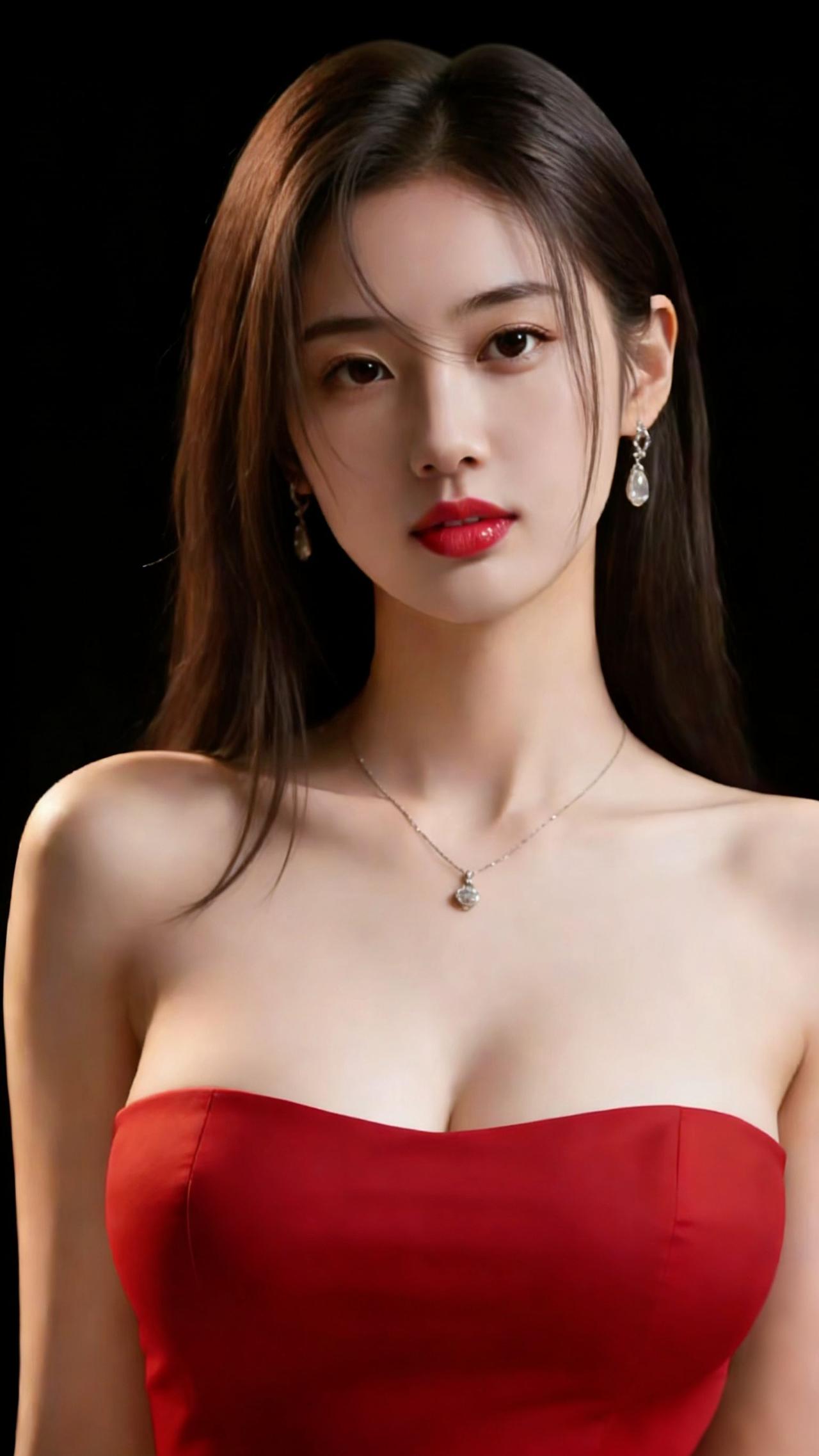 红裳凝香韵自华
 
一袭正红抹胸裙，似撷取了烈焰的明艳与玫瑰的娇柔，在黑色背景的