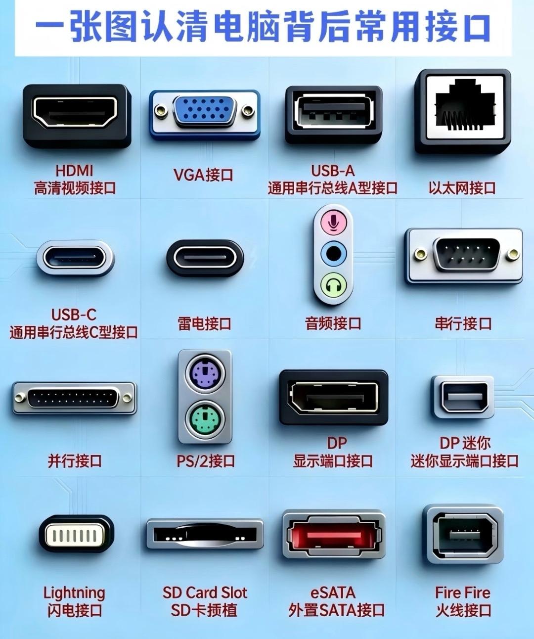 电脑上的接口真是让人眼花缭乱。
先说USB接口，这是最常见的，像U盘、鼠标、键盘