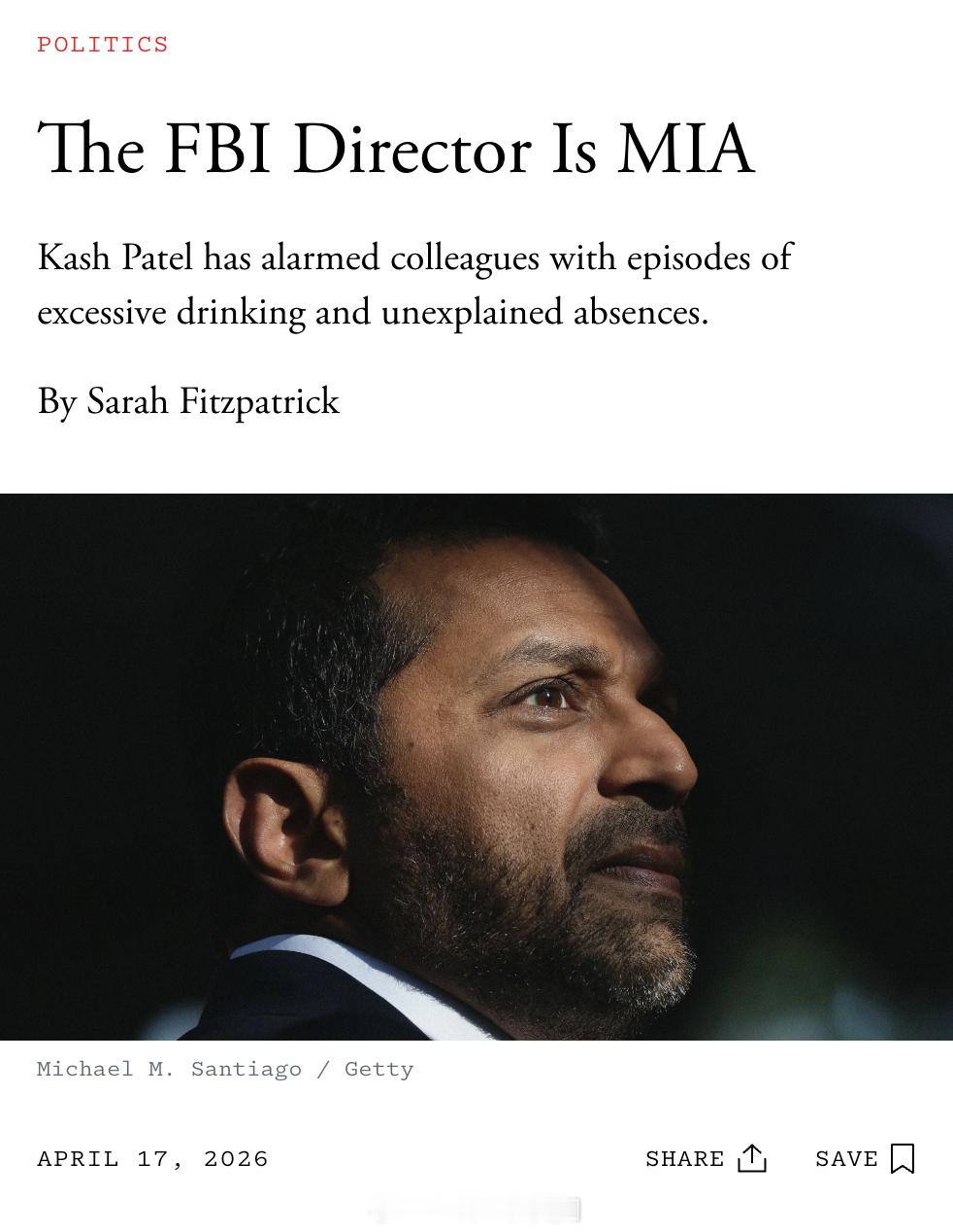 FBI局长Kash Patel在联邦法院起诉了<大西洋>杂志及其记Sarah F