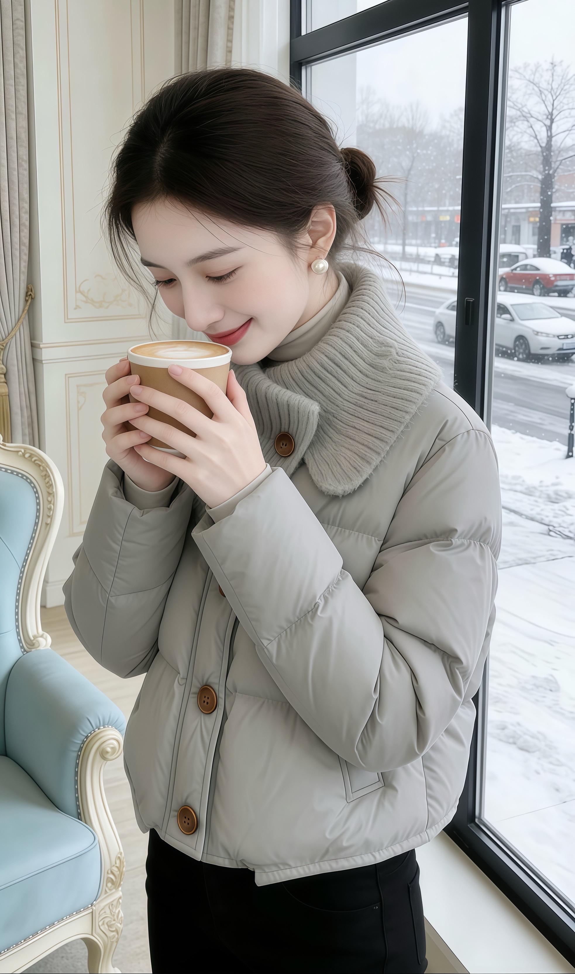 冬日甜系精致感拉满的短款羽绒服，针织大翻领温柔又软糯，低饱和浅灰调衬得...