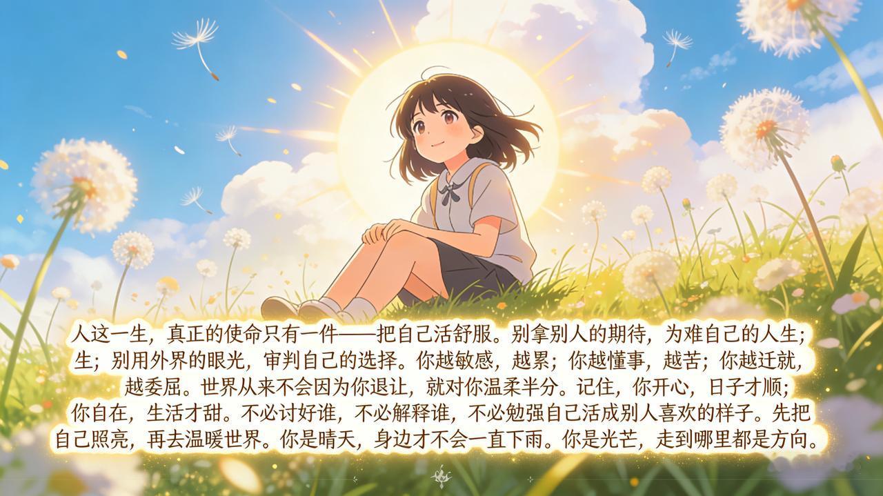 人这一生，
真正的使命只有一件——
把自己活舒服。
 
别拿别人的期待，
为难自