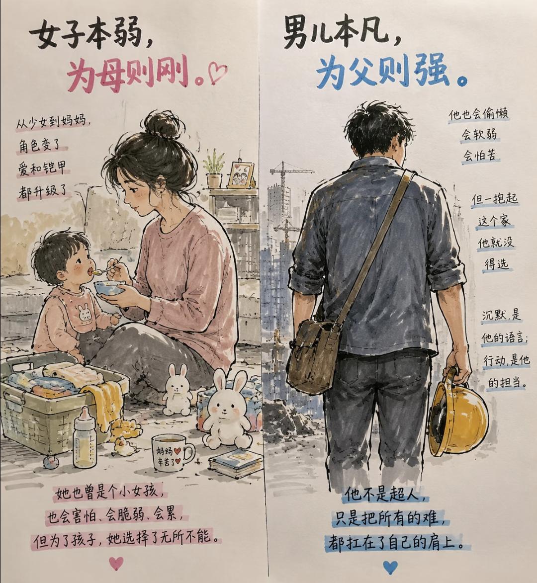 为人母，是软肋也是铠甲
为人父，是平凡也是脊梁
女子本弱，为母则刚
男子本凡，为